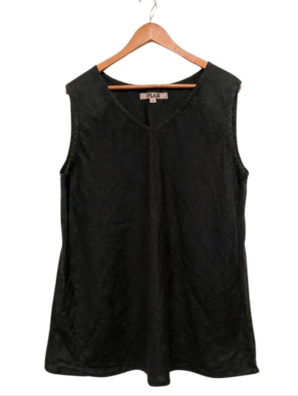 FLAX Black Linen Pullover Sleeveless Blouse Shirt L Vee Neck